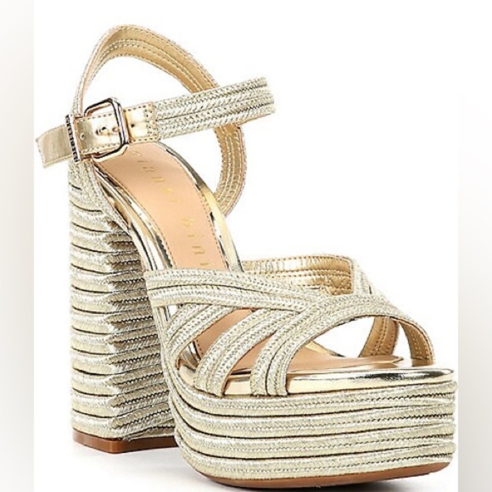 NWT Gianni Bini Leon Metallic Jute Braided Platform Sandal in Gold Sz 10